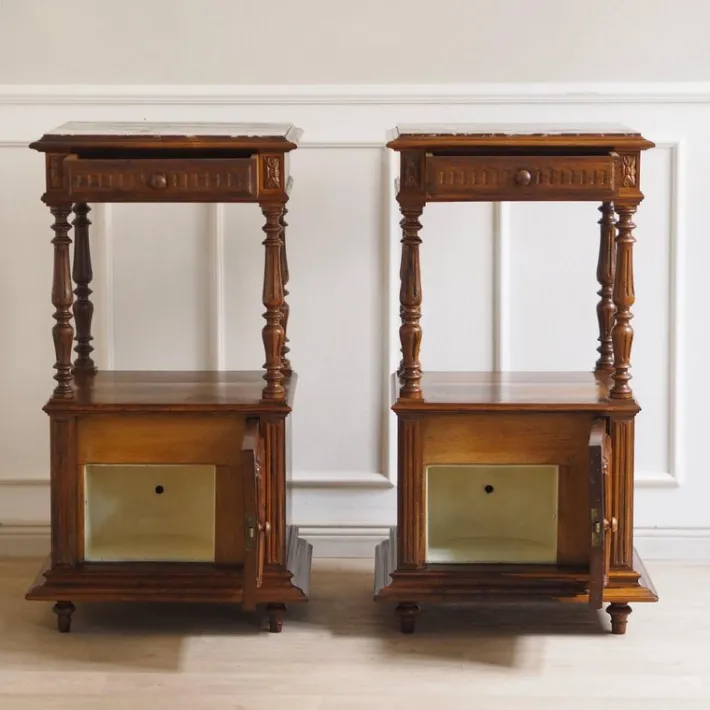 Pamono Antique Bedside Tables with Marble Tops and Columns, 1890, Set of 2 Discount