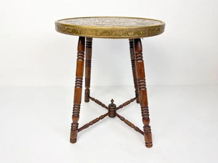 Pamono Antique Brass Tray Table with Turned Wood Legs, 1890s Hot