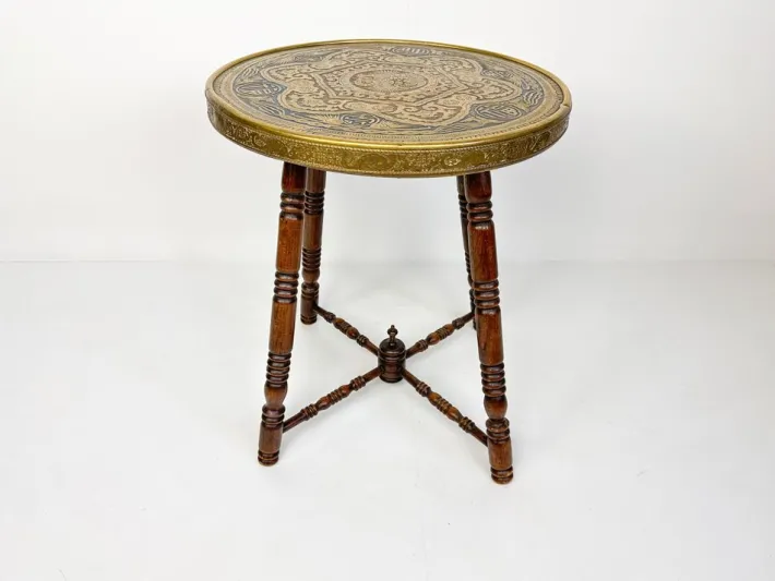 Pamono Antique Brass Tray Table with Turned Wood Legs, 1890s Hot