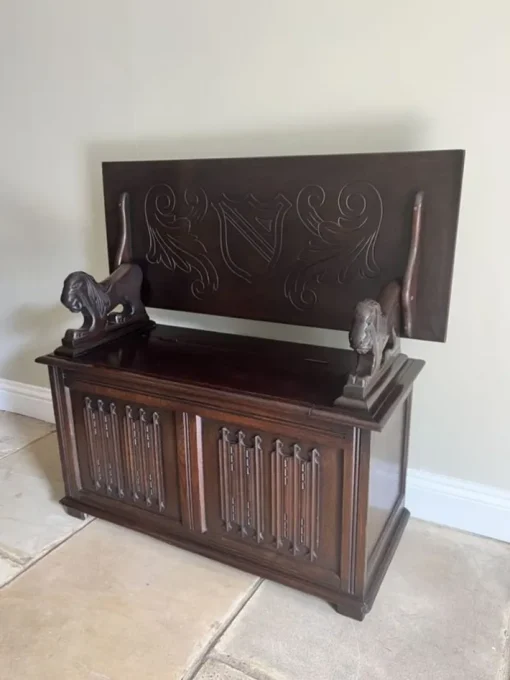 Pamono Antique Carved Oak Monks Bench, 1920s Clearance