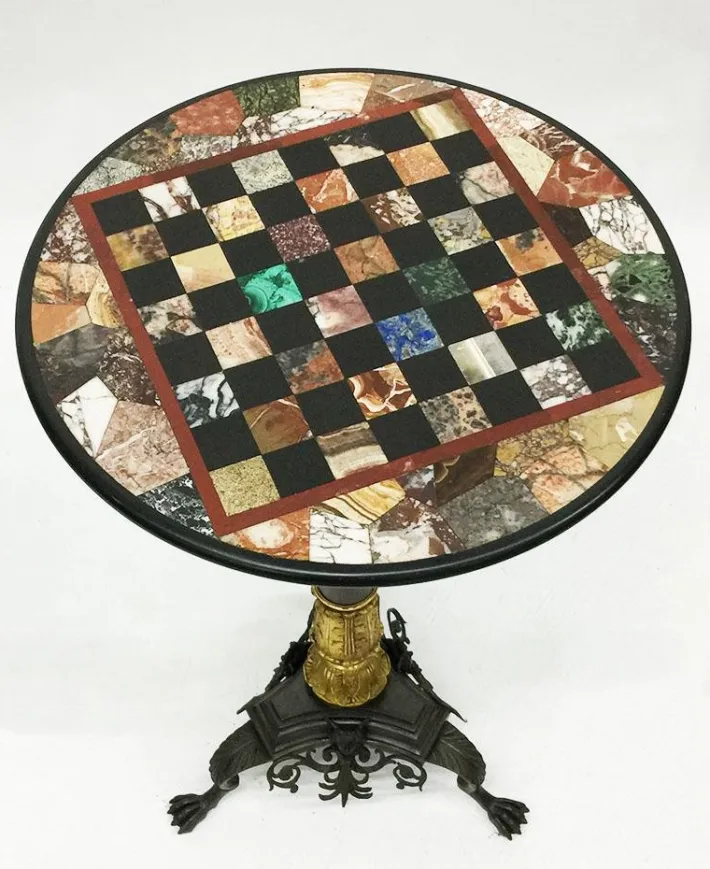 Pamono Antique Charles X Chess Table in Bronze Gilded Inlaid with Marble and Stones Discount