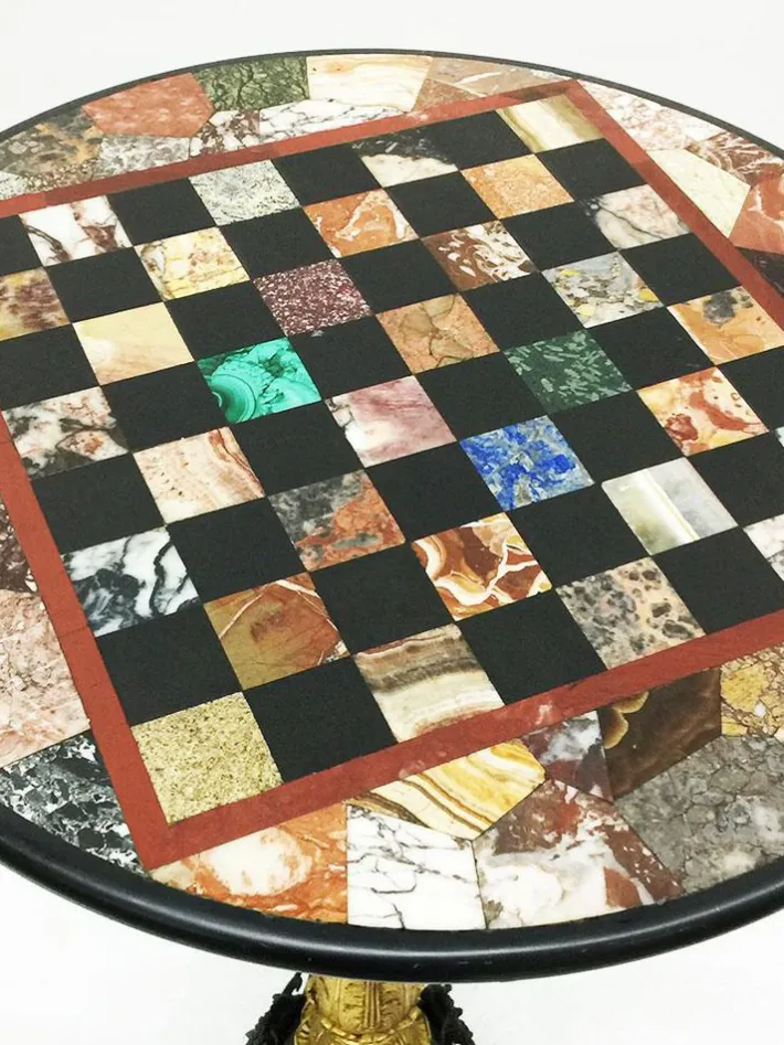 Pamono Antique Charles X Chess Table in Bronze Gilded Inlaid with Marble and Stones Discount