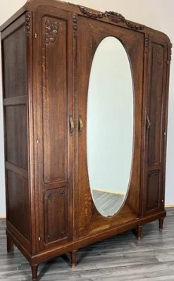 Pamono Antique French Carved Oak Wardrobe with Mirror Best