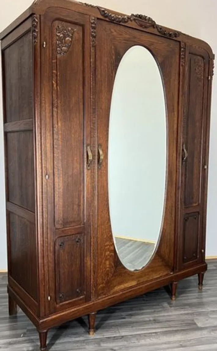Pamono Antique French Carved Oak Wardrobe with Mirror Best