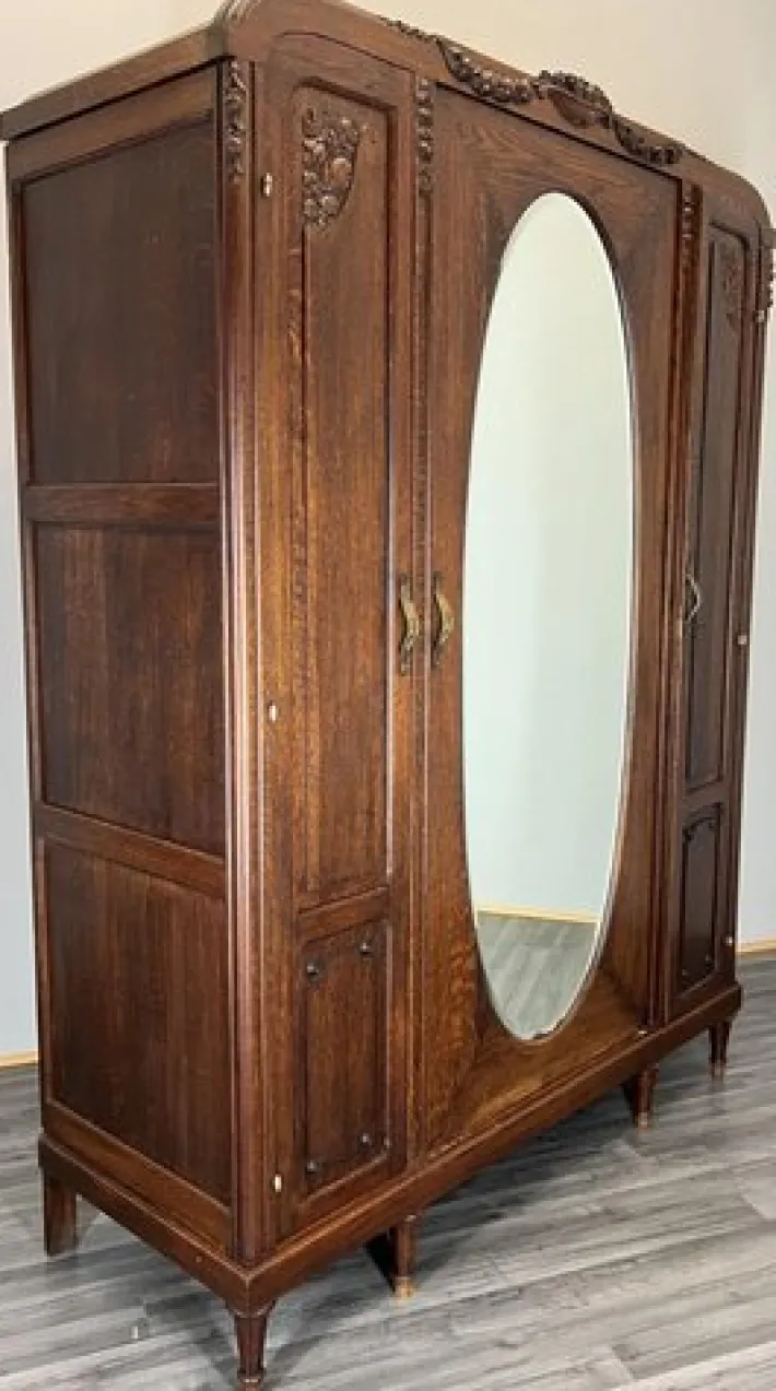 Pamono Antique French Carved Oak Wardrobe with Mirror Best