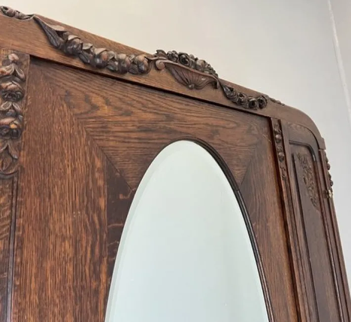 Pamono Antique French Carved Oak Wardrobe with Mirror Best