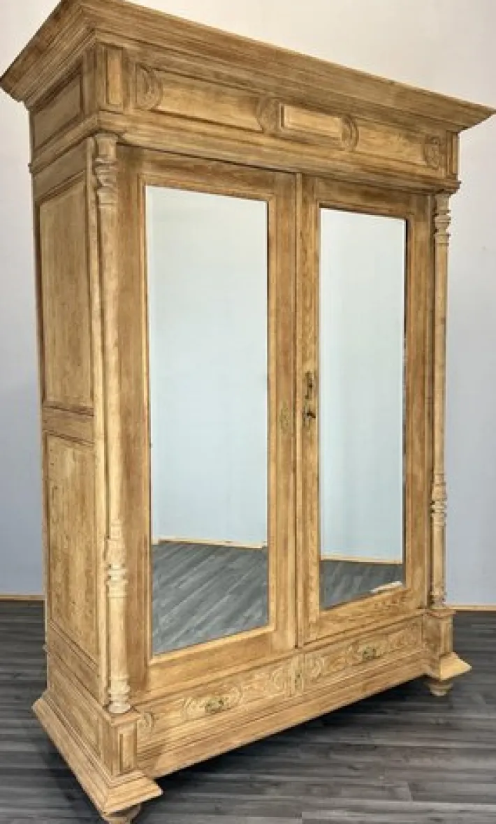 Pamono Antique French Carved Oak Wardrobe with Mirror and Drawers Clearance