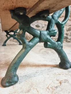 Pamono Antique French Cast Iron & Oak Park Bench in Sea Green Patina, 1890s Best