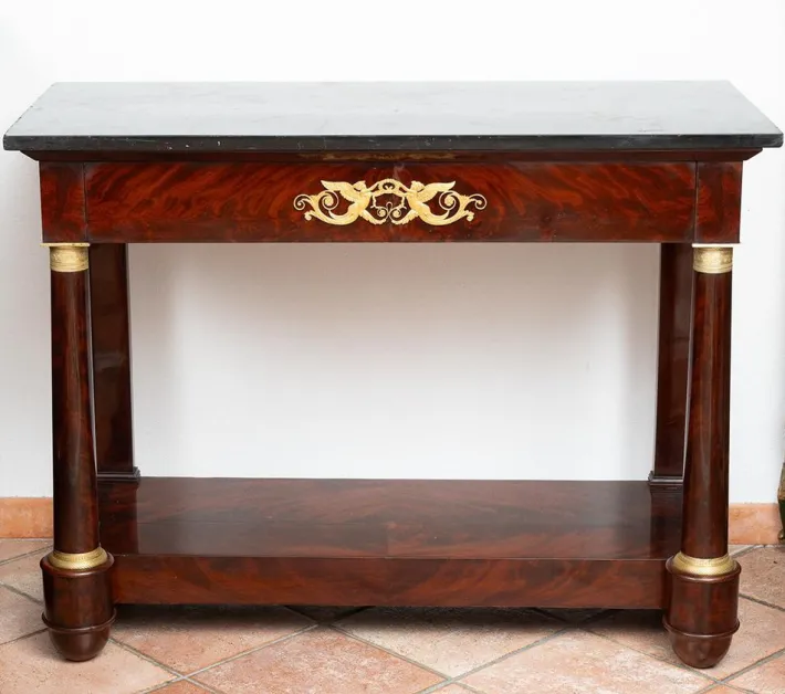 Pamono Antique French Empire Console in Mahogany Feather with Black Belgian Marble Top, 19th Century Discount
