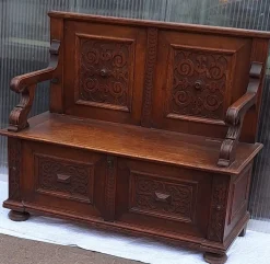 Pamono Antique German Chest Bench in Carved Oak, 1880s