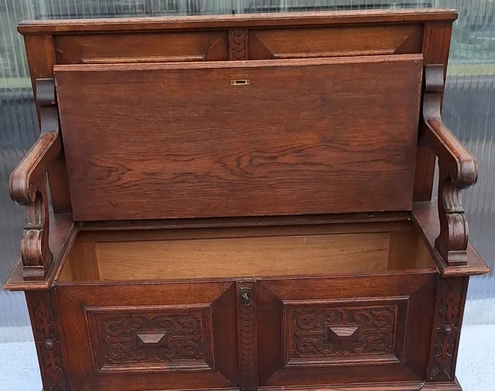 Pamono Antique German Chest Bench in Carved Oak, 1880s