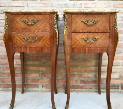Pamono Antique Louis XV French Marquetry Marble Top Nightstands, Set of 2 Best
