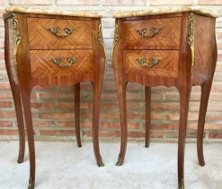 Pamono Antique Louis XV French Marquetry Marble Top Nightstands, Set of 2 Best