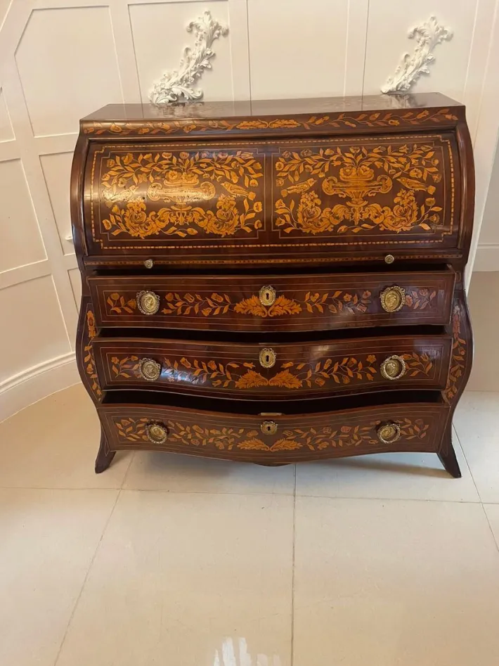 Pamono Antique Mahogany Floral Marquetry Inlaid Cylinder Bureau, 1780s Hot