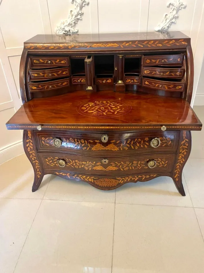 Pamono Antique Mahogany Floral Marquetry Inlaid Cylinder Bureau, 1780s Hot