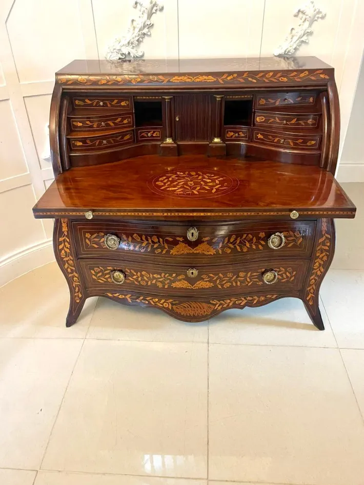Pamono Antique Mahogany Floral Marquetry Inlaid Cylinder Bureau, 1780s Hot
