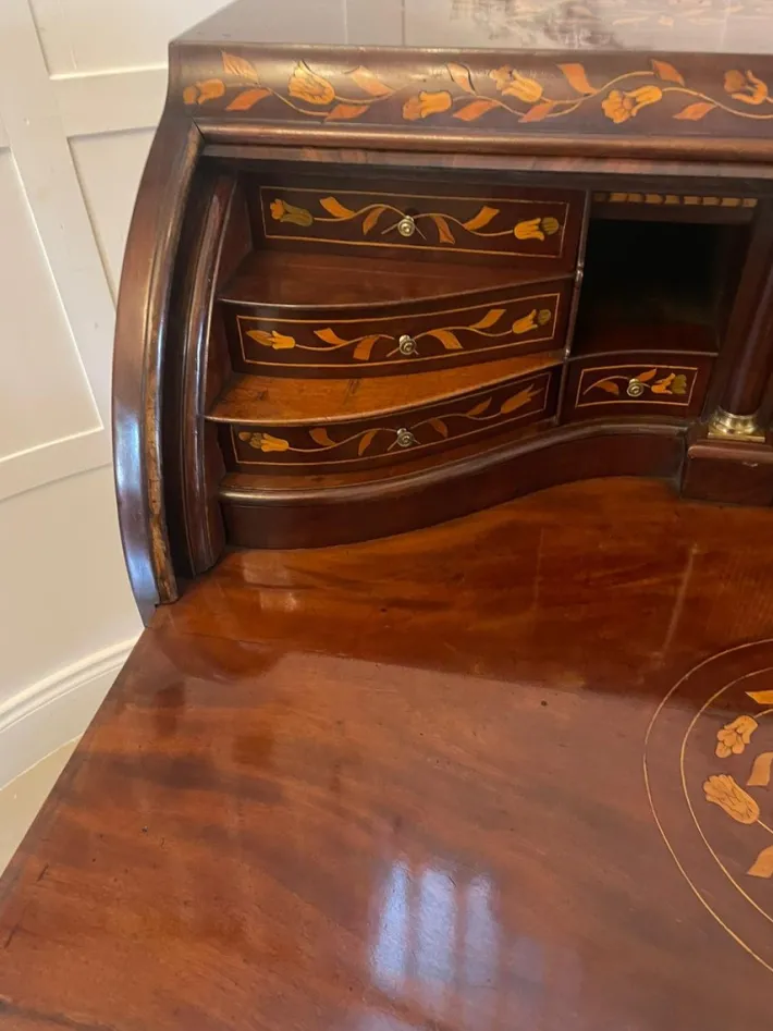 Pamono Antique Mahogany Floral Marquetry Inlaid Cylinder Bureau, 1780s Hot