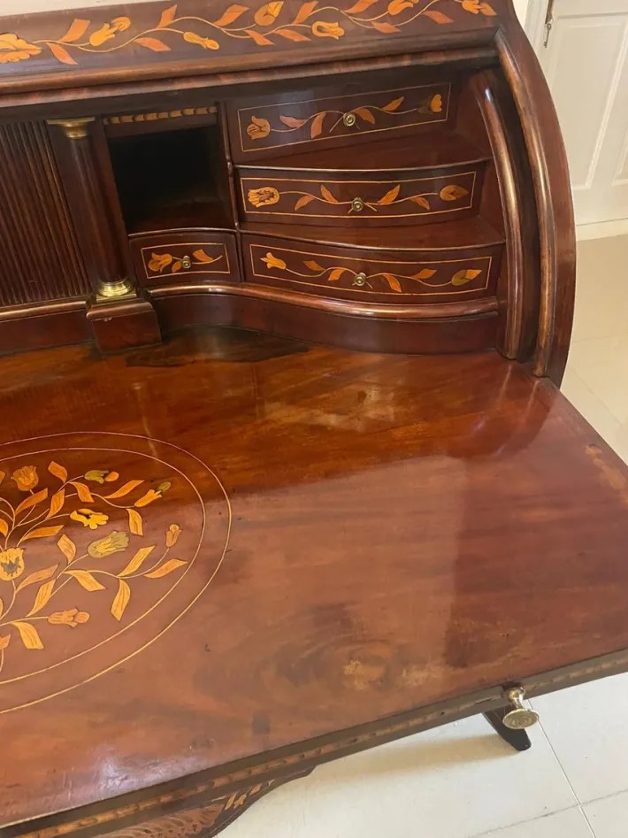 Pamono Antique Mahogany Floral Marquetry Inlaid Cylinder Bureau, 1780s Hot