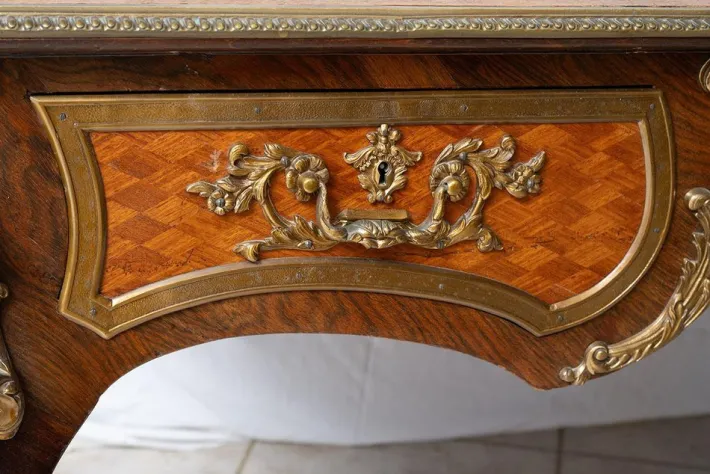 Pamono Antique Napoleon III French Exotic Wood Desk with Gilded Bronze Elements, France, 19th Century Sale