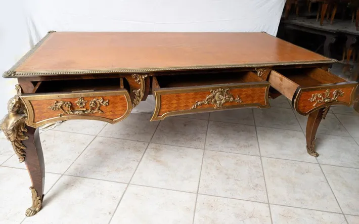 Pamono Antique Napoleon III French Exotic Wood Desk with Gilded Bronze Elements, France, 19th Century Sale