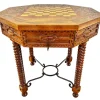 Pamono Antique Octogonal Burnt Oak Inlaid Games Table with Two Drawers and Turned Legs, 1920s