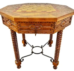Pamono Antique Octogonal Burnt Oak Inlaid Games Table with Two Drawers and Turned Legs, 1920s
