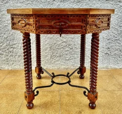 Pamono Antique Octogonal Burnt Oak Inlaid Games Table with Two Drawers and Turned Legs, 1920s
