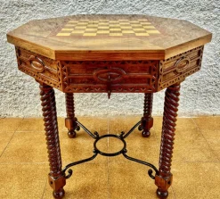 Pamono Antique Octogonal Burnt Oak Inlaid Games Table with Two Drawers and Turned Legs, 1920s