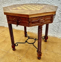 Pamono Antique Octogonal Burnt Oak Inlaid Games Table with Two Drawers and Turned Legs, 1920s