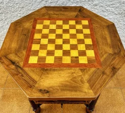 Pamono Antique Octogonal Burnt Oak Inlaid Games Table with Two Drawers and Turned Legs, 1920s