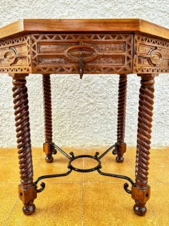 Pamono Antique Octogonal Burnt Oak Inlaid Games Table with Two Drawers and Turned Legs, 1920s
