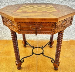 Pamono Antique Octogonal Burnt Oak Inlaid Games Table with Two Drawers and Turned Legs, 1920s
