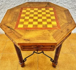Pamono Antique Octogonal Burnt Oak Inlaid Games Table with Two Drawers and Turned Legs, 1920s