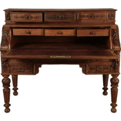 Pamono Antique Secretary Desk with Carved Oak, 1881 Online