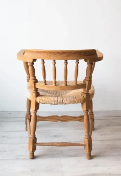 Pamono Antique Spanish Armchair, Natural Oak, Wicker Seat, 1890s