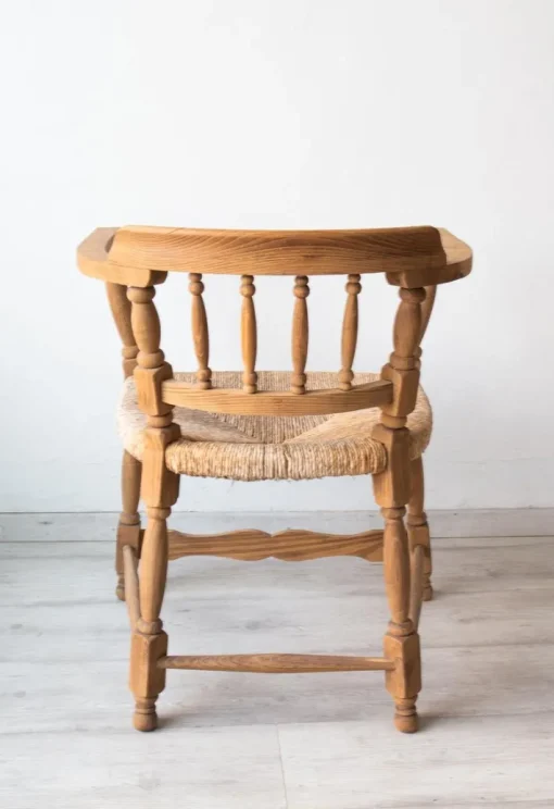 Pamono Antique Spanish Armchair, Natural Oak, Wicker Seat, 1890s