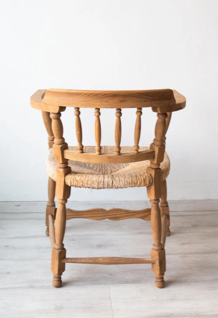 Pamono Antique Spanish Armchair, Natural Oak, Wicker Seat, 1890s