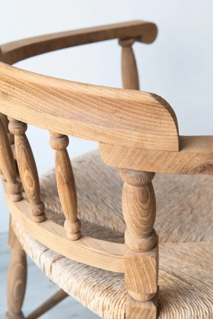 Pamono Antique Spanish Armchair, Natural Oak, Wicker Seat, 1890s