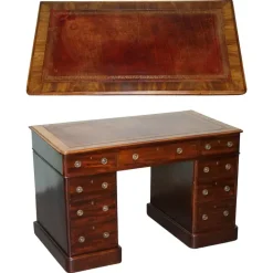 Pamono Antique Victorian Hardwood Pedestal Desk with Tooled Leather Top Hot
