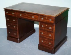 Pamono Antique Victorian Hardwood Pedestal Desk with Tooled Leather Top Hot