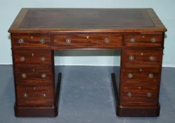 Pamono Antique Victorian Hardwood Pedestal Desk with Tooled Leather Top Hot