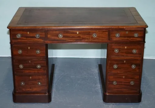 Pamono Antique Victorian Hardwood Pedestal Desk with Tooled Leather Top Hot
