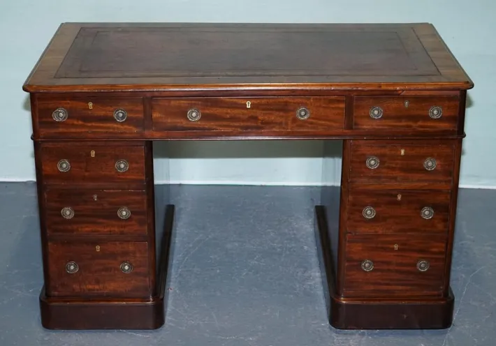 Pamono Antique Victorian Hardwood Pedestal Desk with Tooled Leather Top Hot