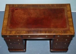 Pamono Antique Victorian Hardwood Pedestal Desk with Tooled Leather Top Hot