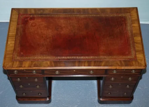 Pamono Antique Victorian Hardwood Pedestal Desk with Tooled Leather Top Hot