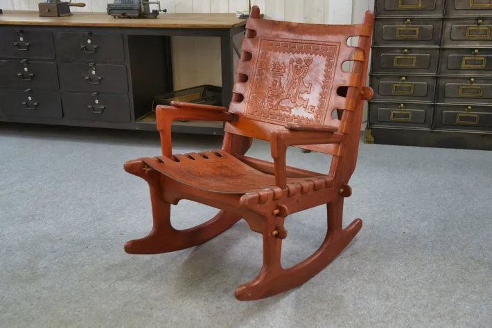 Pamono Armchair in Wood and Red Leather by Angel Pazmino, 1960s