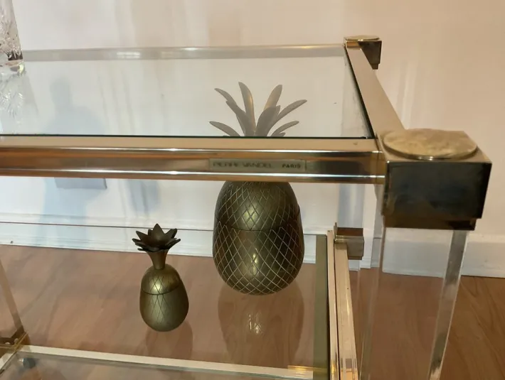 Pamono Art Deco Bar Trolley in Gold and Glass by Pierre Vandel, 1970s Clearance