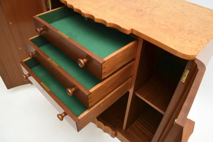 Pamono Art Deco Burr Walnut Cabinet from Harry and Lou Epstein, 1930s Clearance