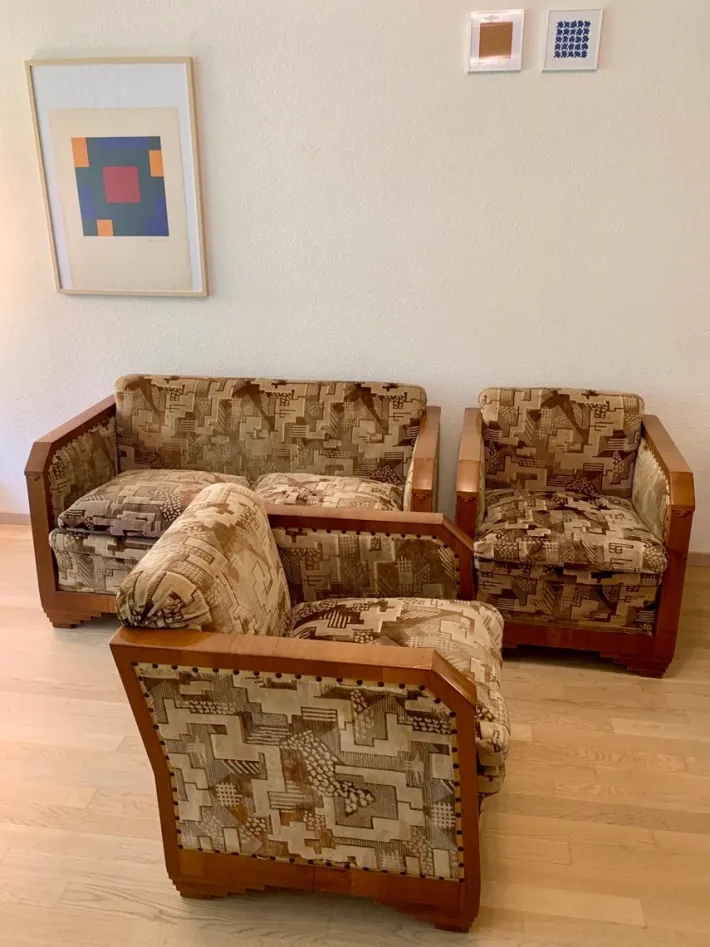 Pamono Art Deco Italian Sofa Set in the style of Fortunato Depero, 1920s, Set of 3 Clearance
