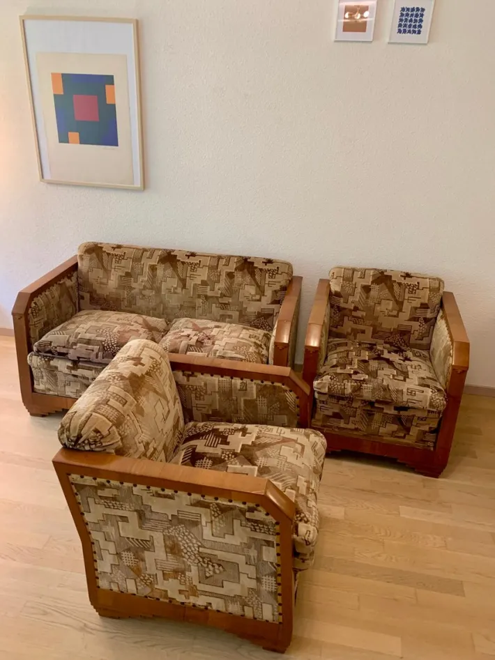 Pamono Art Deco Italian Sofa Set in the style of Fortunato Depero, 1920s, Set of 3 Clearance